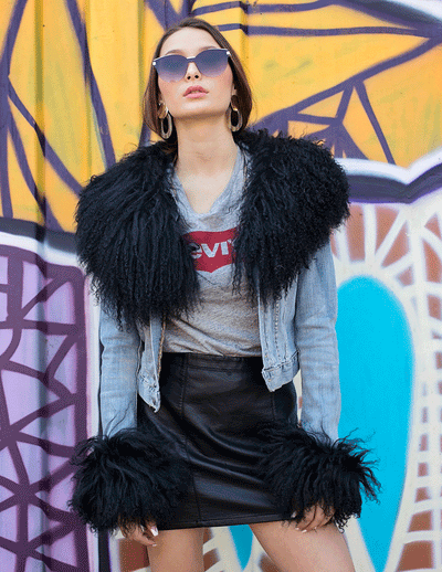 Juniper - Mongolian Fur Collar & Slap On Cuffs in Jet - Le NUAGE Luxe