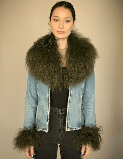 Juniper - Mongolian Fur Collar & Slap On Cuffs in Olive - Le NUAGE Luxe