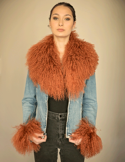 Juniper - Mongolian Fur Collar & Slap On Cuffs in Rust - Le NUAGE Luxe