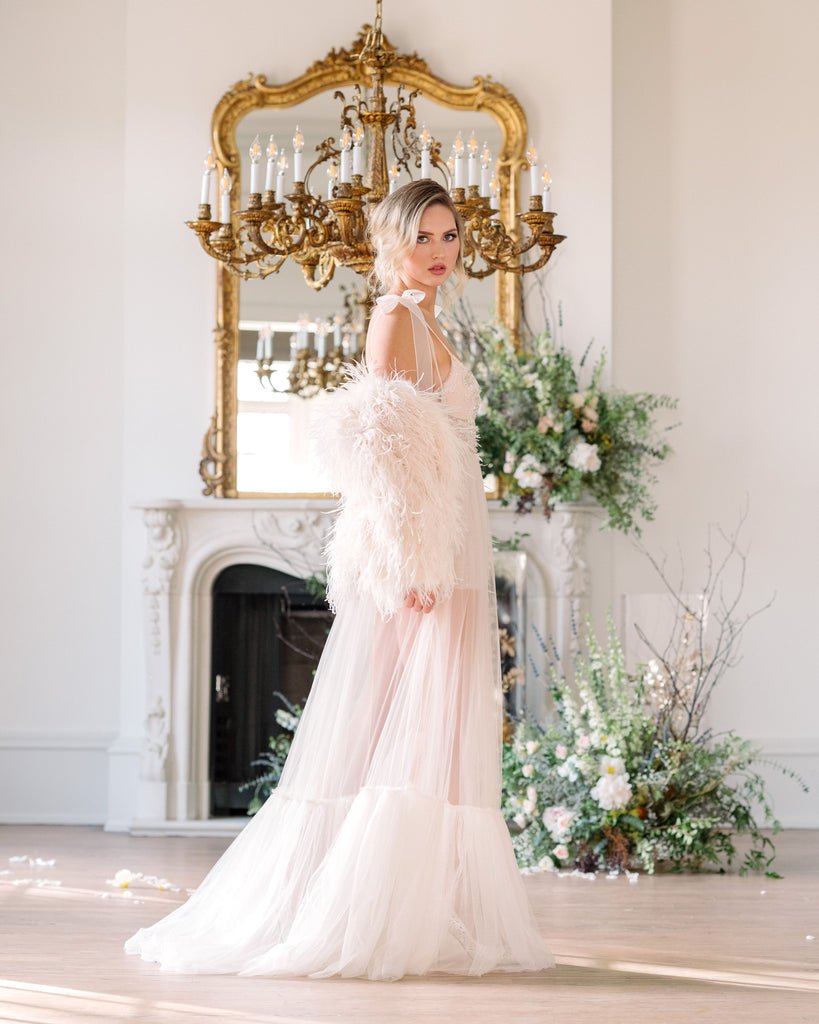 Le Nuage Luxe bridal feather jacket Houston wedding Chateaux
