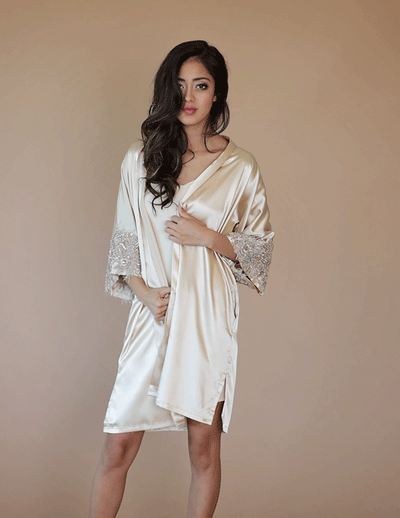 Mimosa Embroidered Silk Robe - Champagne - Le NUAGE Luxe